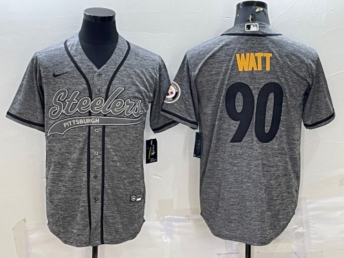 Men's Pittsburgh Steelers #90 T.J. Watt Gray With Patch Cool Base Stitched Baseball Jersey